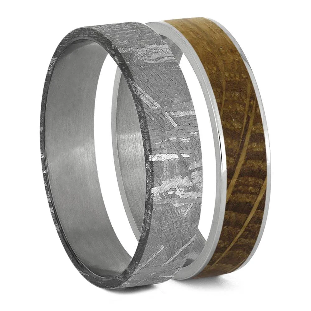 Modular Titanium Ring Set With Whiskey Barrel Oak & Meteorite Inlays 9 Modular Titanium Ring Set With Whiskey Barrel Oak & Meteorite Inlays - Image 7