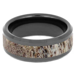 Black Ceramic Ring With Antler & Beveled Edges -Johan Jewelry Shop BlackCeramicAntlerRing 4