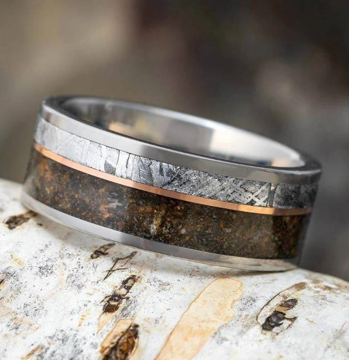 Genuine Meteorite & Fossilized Dino Bone Ring With Offset Pinstripe 3 Genuine Meteorite & Fossilized Dino Bone Ring With Offset Pinstripe