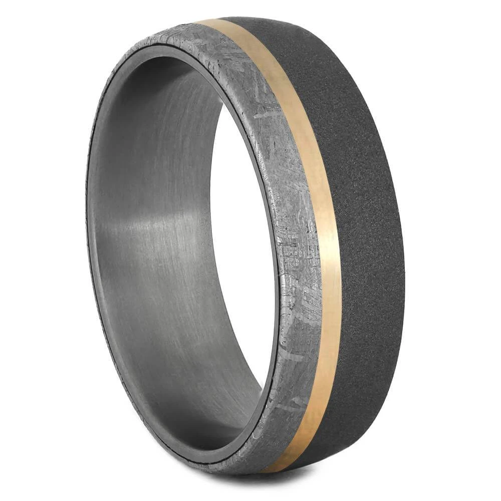 Meteorite & Sandblasted Titanium Ring With Gold Pinstripe 4 Meteorite & Sandblasted Titanium Ring With Gold Pinstripe - Image 2