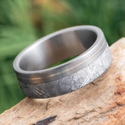 Matte Titanium & Meteorite Wedding Band With Gold Pinstripe