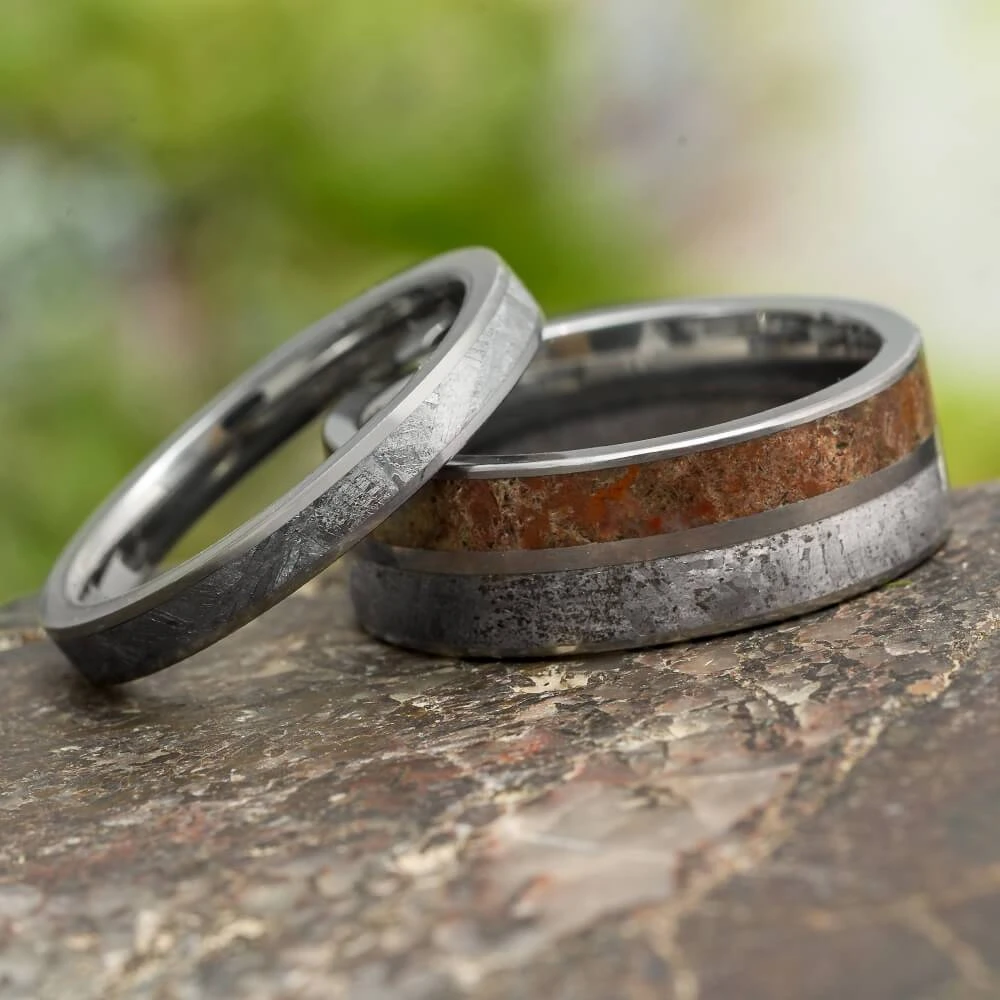 Meteorite & Dino Bone Matching Wedding Bands 3 Meteorite & Dino Bone Matching Wedding Bands