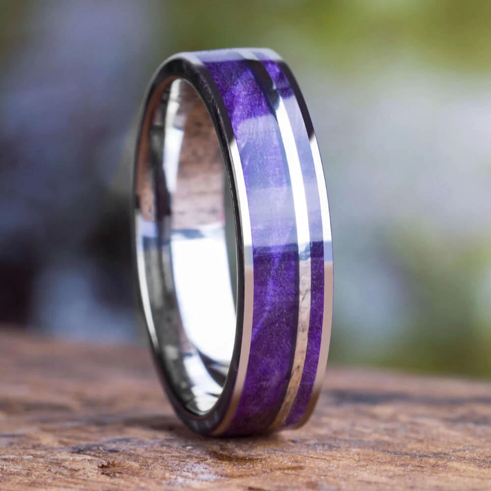 Purple Box Elder Wood Wedding Band With Titanium Pinstripe 3 Purple Box Elder Wood Wedding Band With Titanium Pinstripe