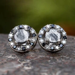 Meteorite Stud Earrings With White & Black Diamonds