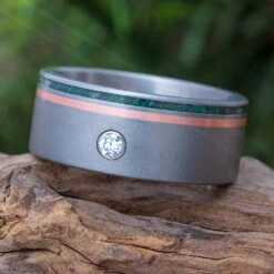 Frosted Titanium Ring With Flush Diamond, Copper And Green Wood