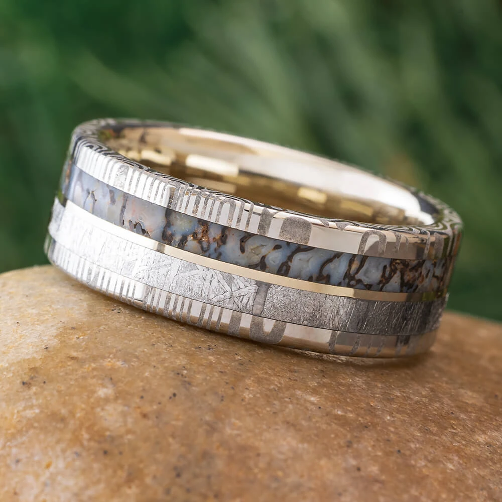 Meteorite & Dinosaur Bone Men's Wedding Band 3 Meteorite & Dinosaur Bone Men's Wedding Band