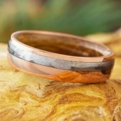 Rose Gold And Meteorite Ring With Whiskey Barrel Oak