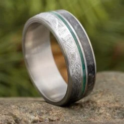 Men's Wedding Band With Green Box Elder Burl Wood, Dino Bone & Meteorite 15 Men's Wedding Band With Green Box Elder Burl Wood, Dino Bone & Meteorite -Johan Jewelry Shop E1893ArtCropped 2