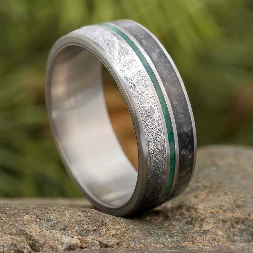Men's Wedding Band With Green Box Elder Burl Wood, Dino Bone & Meteorite 9 Men's Wedding Band With Green Box Elder Burl Wood, Dino Bone & Meteorite - Image 7