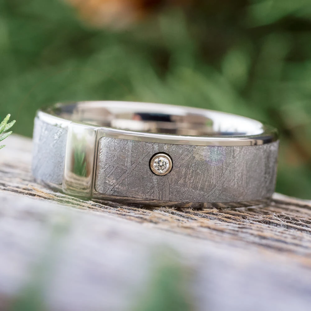 Diamond Meteorite Ring In White Gold Bezel Setting 3 Diamond Meteorite Ring In White Gold Bezel Setting