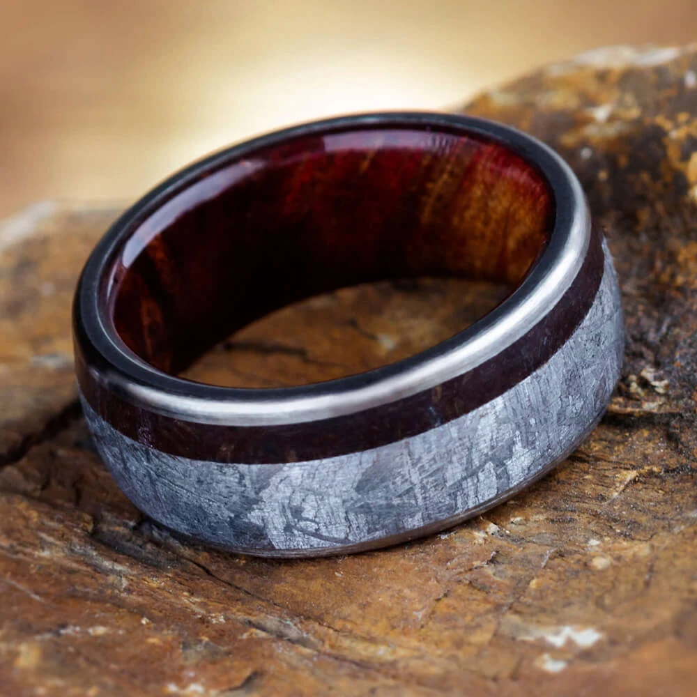 Meteorite Men's Wedding Band With Dinosaur Bone And Ruby Redwood Sleeve 9 Meteorite Men's Wedding Band With Dinosaur Bone And Ruby Redwood Sleeve - Image 7