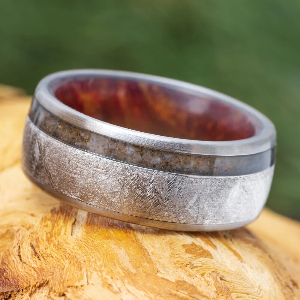 Meteorite Men's Wedding Band With Dinosaur Bone And Ruby Redwood Sleeve 3 Meteorite Men's Wedding Band With Dinosaur Bone And Ruby Redwood Sleeve
