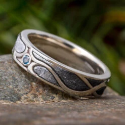 Meteorite Ring In Art Nouveau Design With Bezel Set Aquamarine