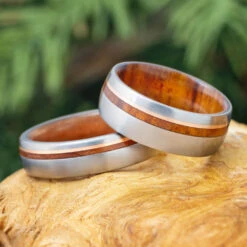Matching Wood Wedding Band Set, Titanium Rings With Gold Pinstripes