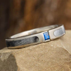 Authentic Meteorite Ring With Blue Sapphire