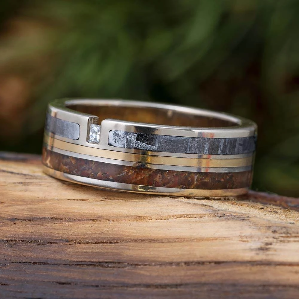 Gemstone Men's Wedding Band With Meteorite & Dinosaur Bone 3 Gemstone Men's Wedding Band With Meteorite & Dinosaur Bone