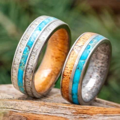 Turquoise Wedding Ring Set With Antler And Wood
