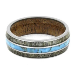 Turquoise Men's Wedding Band With Wood And Antler -Johan Jewelry Shop E2267TI 4