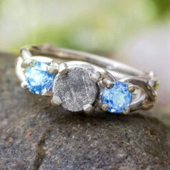 Three Stone Meteorite Engagement Ring With Aquamarine