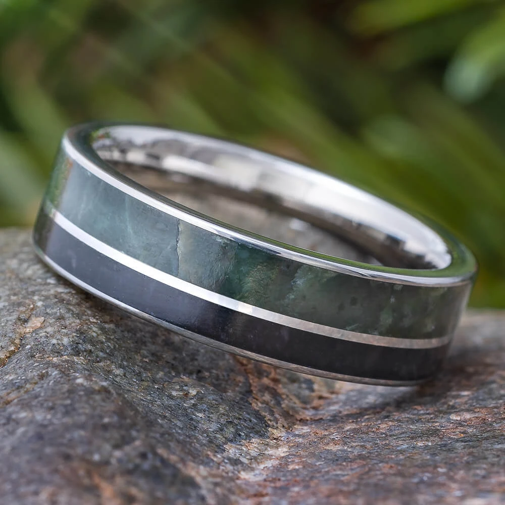 Green Jade & Black Obsidian Men's Wedding Band 3 Green Jade & Black Obsidian Men's Wedding Band