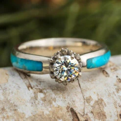 Moissanite & Turquoise Engagement Ring With Lotus Setting