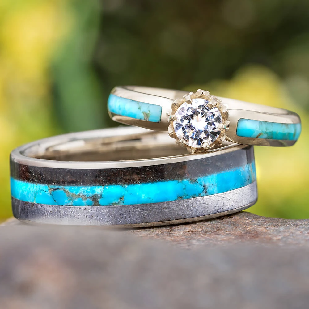Turquoise Couples Rings With Lotus Prong Engagement Ring 3 Turquoise Couples Rings With Lotus Prong Engagement Ring