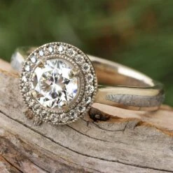 Halo Moissanite Engagement Ring, White Gold Ring With Meteorite -Johan Jewelry Shop E2407Art08 2024Cropped 1 3