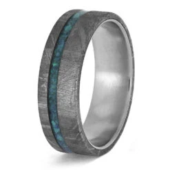 Gibeon Meteorite Wedding Band With Crushed Opal Strip, Titanium Ring -Johan Jewelry Shop E2488TI 3