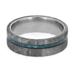Gibeon Meteorite Wedding Band With Crushed Opal Strip, Titanium Ring -Johan Jewelry Shop E2488TI 4