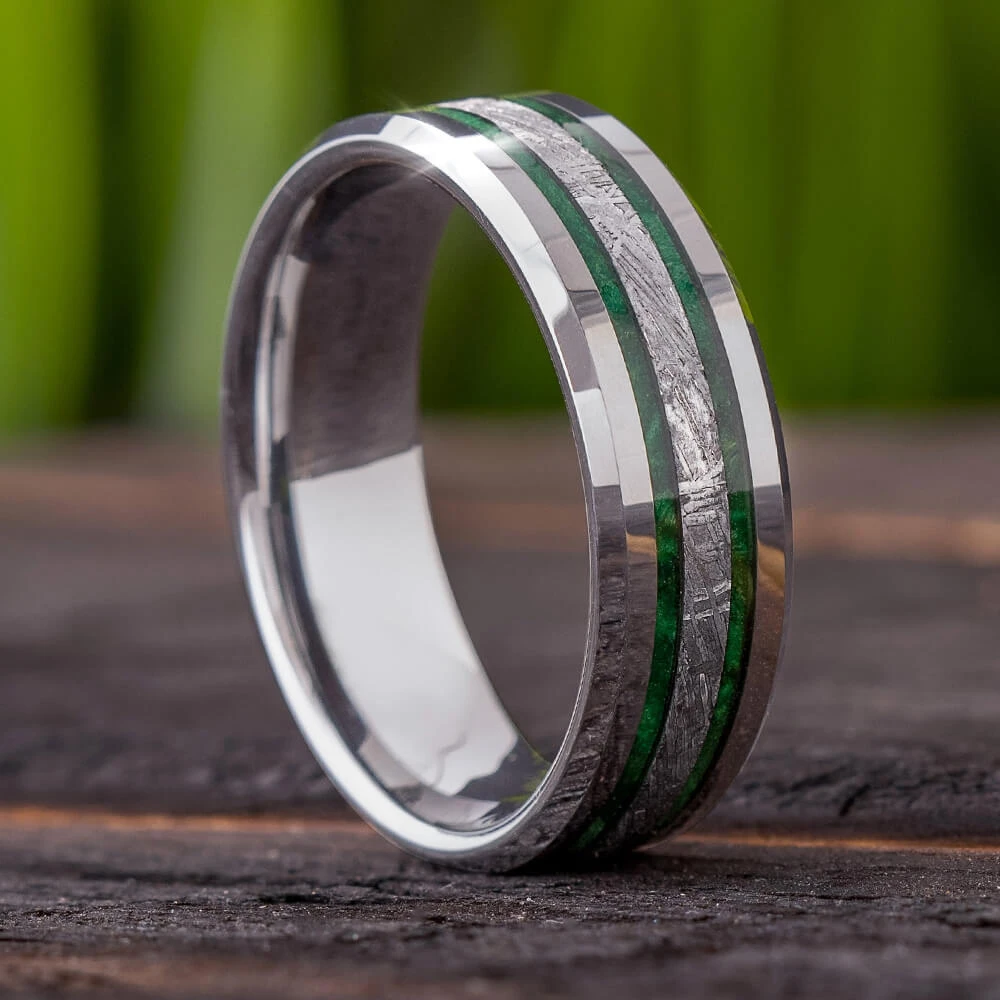 Men's Meteorite Wedding Band With Green Wood 3 Men's Meteorite Wedding Band With Green Wood