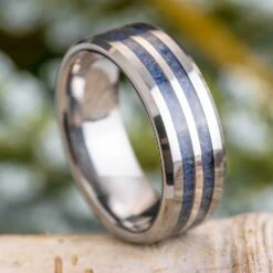 Tungsten Wedding Band With Blue Sapphire Inlays