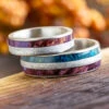 Purple & Blue Burl Wood & Meteorite Wedding Band Set -Johan Jewelry Shop E2492 2494PurpleArtCropped 2 4
