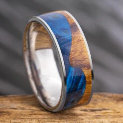Wavy Wedding Band, Blue Box Elder & Koa Wood Beach Wedding Ring 11 Wavy Wedding Band, Blue Box Elder & Koa Wood Beach Wedding Ring -Johan Jewelry Shop E2507ArtNewCropped