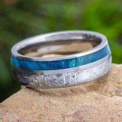Meteorite & Blue Wood Men's Wedding Band With Pinstripe 11 Meteorite & Blue Wood Men's Wedding Band With Pinstripe -Johan Jewelry Shop E2508ArtCropped 2