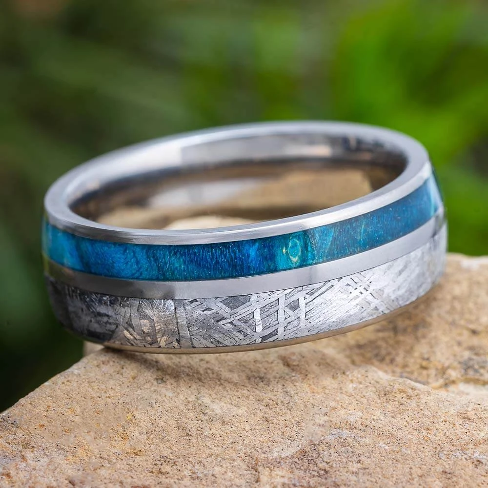 Meteorite & Blue Wood Men's Wedding Band With Pinstripe 7 Meteorite & Blue Wood Men's Wedding Band With Pinstripe - Image 5