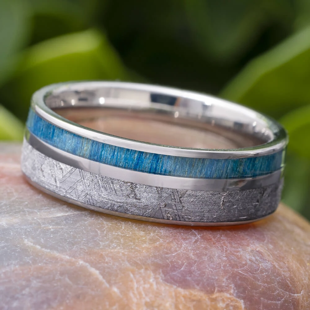 Meteorite & Blue Wood Men's Wedding Band With Pinstripe 3 Meteorite & Blue Wood Men's Wedding Band With Pinstripe