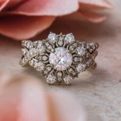 Diamond Bridal Set With White Gold Flower Halo Design -Johan Jewelry Shop E2515ArtCropped 4