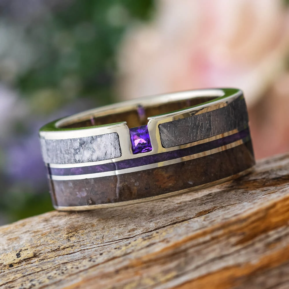 Amethyst Wedding Ring With Dinosaur Bone, Meteorite And Purple Wood 3 Amethyst Wedding Ring With Dinosaur Bone, Meteorite And Purple Wood