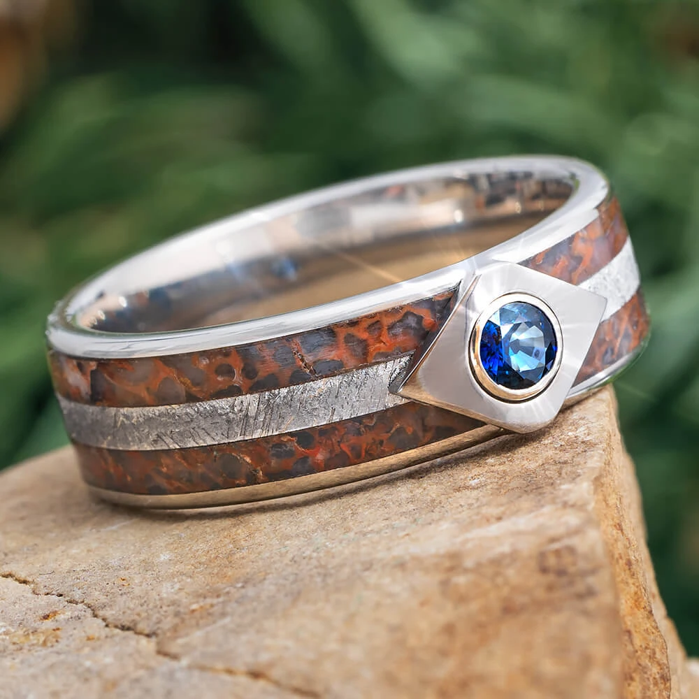 Meteor Engagement Ring With Sapphire, Titanium Ring Inlaid With Dinosaur Bone 3 Meteor Engagement Ring With Sapphire, Titanium Ring Inlaid With Dinosaur Bone