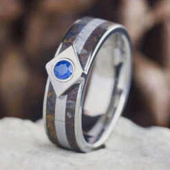 Meteor Engagement Ring With Sapphire, Titanium Ring Inlaid With Dinosaur Bone 17 Meteor Engagement Ring With Sapphire, Titanium Ring Inlaid With Dinosaur Bone -Johan Jewelry Shop E2550ArtCropped 14