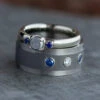 Blue Sapphire Wedding Ring Set, Meteorite Engagement Ring With Titanium Wedding Band 2 Blue Sapphire Wedding Ring Set, Meteorite Engagement Ring With Titanium Wedding Band -Johan Jewelry Shop E2552ArtCropped 5