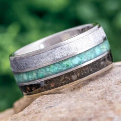 Meteorite, Chrysocolla & Dinosaur Bone Men's Wedding Band, 10mm Ring -Johan Jewelry Shop E2568Art03 2023Cropped 1