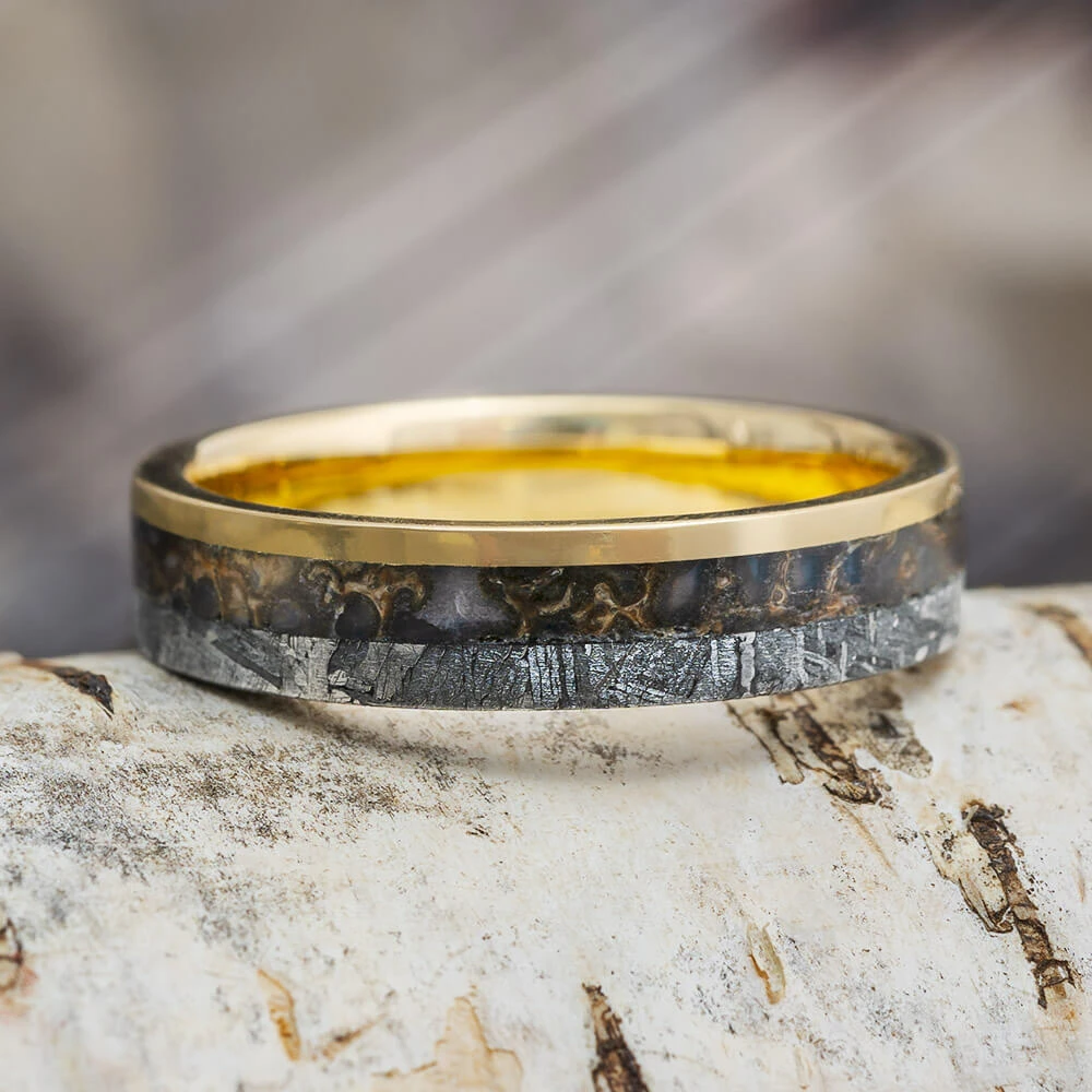 Meteorite & Dinosaur Bone Wedding Band 3 Meteorite & Dinosaur Bone Wedding Band