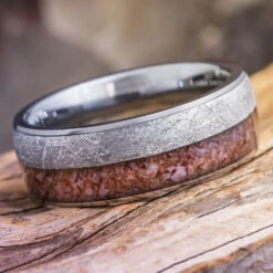 Tungsten Ring With Meteorite & Fossilized Dinosaur Bone
