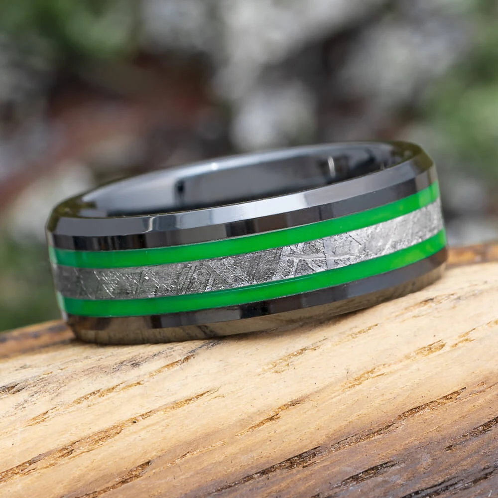 Black & Green Ring With Genuine Meteorite 3 Black & Green Ring With Genuine Meteorite