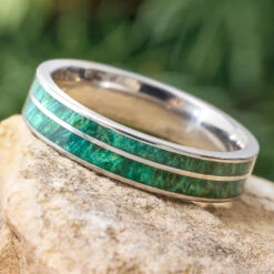 Narrow Wedding Band With Green Burl Wood