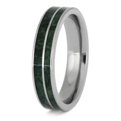 Narrow Wedding Band With Green Burl Wood 11 Narrow Wedding Band With Green Burl Wood -Johan Jewelry Shop E2662 Green Box Elder Titanium 3