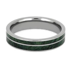Narrow Wedding Band With Green Burl Wood 12 Narrow Wedding Band With Green Burl Wood -Johan Jewelry Shop E2662 Green Box Elder Titanium 4