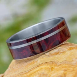 Ruby Redwood Wedding Band, Matte Titanium Ring With Pinstripe