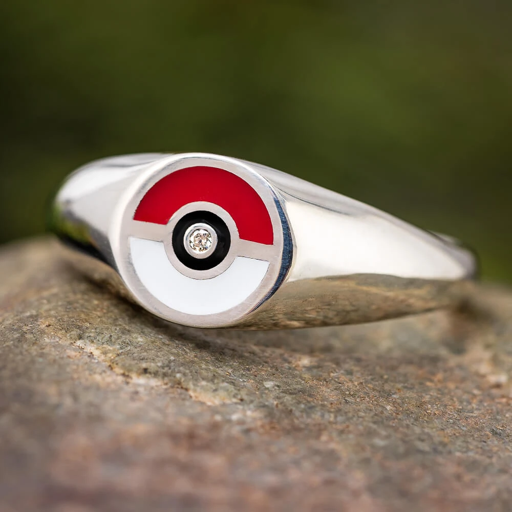 Pokemon Engagement Ring, Pokeball Ring In Signet Ring Style, Moissanite Center Stone 3 Pokemon Engagement Ring, Pokeball Ring In Signet Ring Style, Moissanite Center Stone
